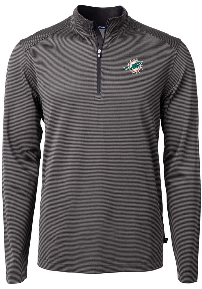 Cutter and Buck Miami Dolphins Mens Black Virtue Eco Pique Micro Stripe Long Sleeve Qtr Zip Pullov..