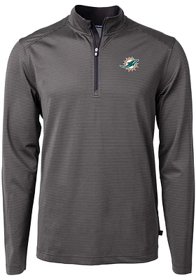 Cutter and Buck Miami Dolphins Mens Black Virtue Eco Pique Micro Stripe Long Sleeve Qtr Zip Pullov..