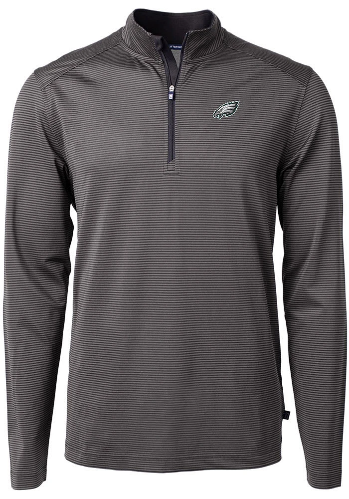 Cutter and Buck Philadelphia Eagles Mens Black Virtue Eco Pique Micro Stripe Long Sleeve Qtr Zip P..