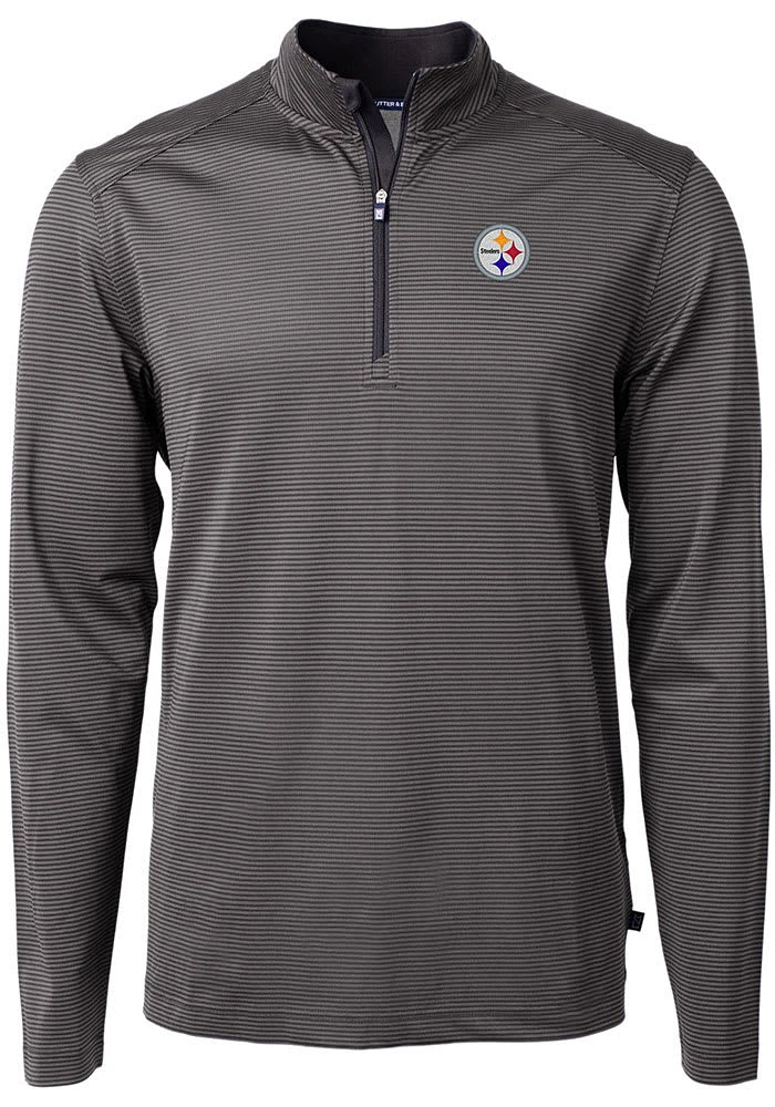 Cutter and Buck Pittsburgh Steelers Mens Black Virtue Eco Pique Micro Stripe Long Sleeve Qtr Zip P..