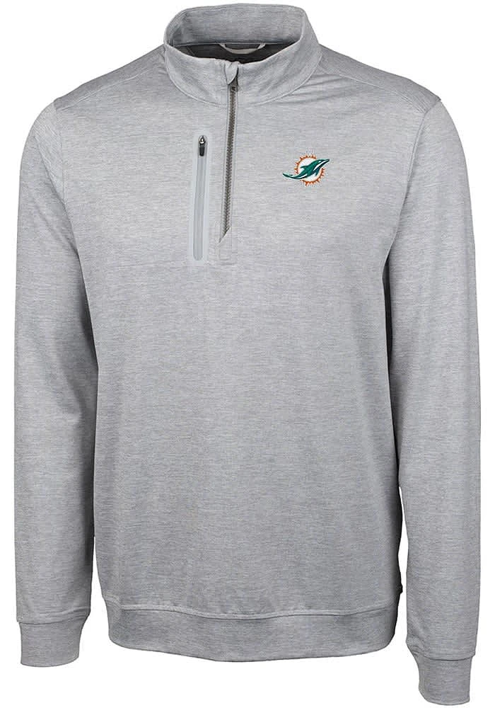 Cutter and Buck Miami Dolphins Mens Grey Stealth Long Sleeve Qtr Zip Pullover