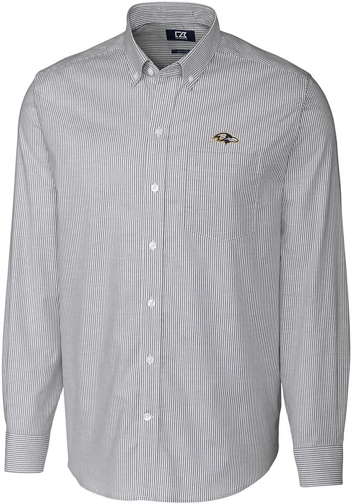 Cutter and Buck Baltimore Ravens Mens Charcoal Stretch Oxford Stripe Long Sleeve Dress Shirt