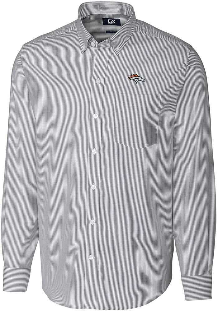 Cutter and Buck Denver Broncos Mens Charcoal Stretch Oxford Stripe Long Sleeve Dress Shirt