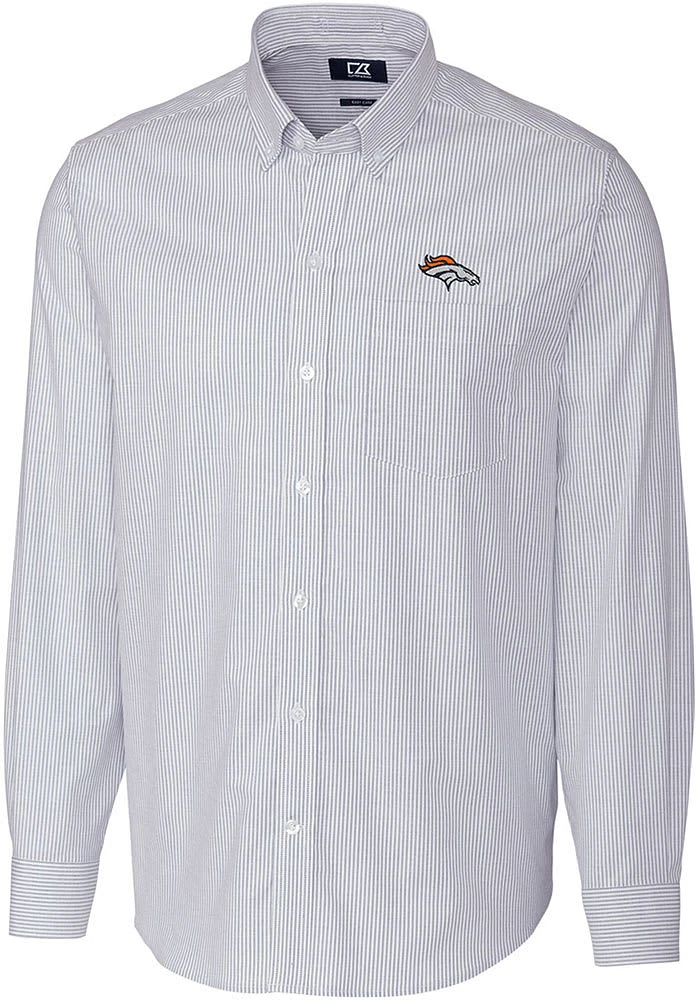 Cutter and Buck Denver Broncos Mens Light Blue Stretch Oxford Stripe Long Sleeve Dress Shirt