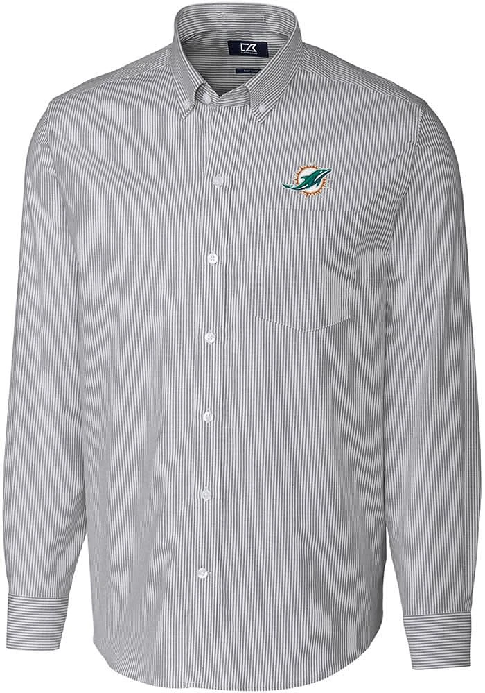 Cutter and Buck Miami Dolphins Mens Charcoal Stretch Oxford Stripe Long Sleeve Dress Shirt