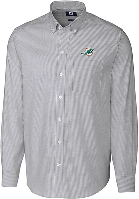 Cutter and Buck Miami Dolphins Mens Charcoal Stretch Oxford Stripe Long Sleeve Dress Shirt