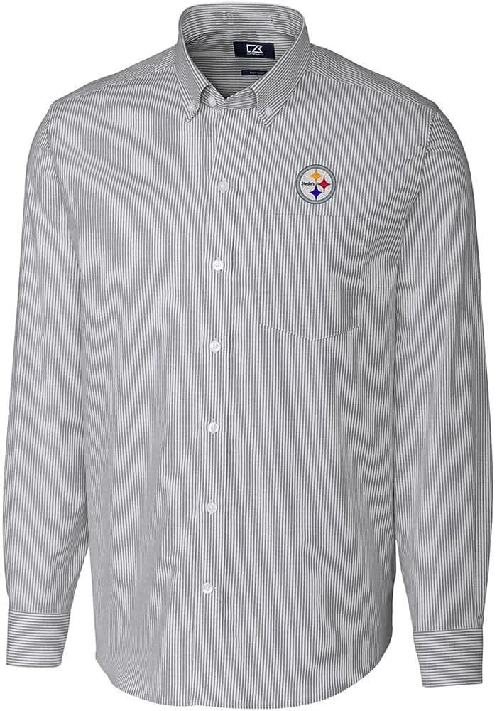 Cutter and Buck Pittsburgh Steelers Mens Charcoal Stretch Oxford Stripe Long Sleeve Dress Shirt