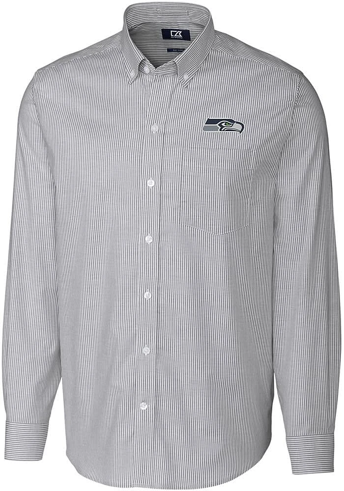 Cutter and Buck Seattle Seahawks Mens Charcoal Stretch Oxford Stripe Long Sleeve Dress Shirt