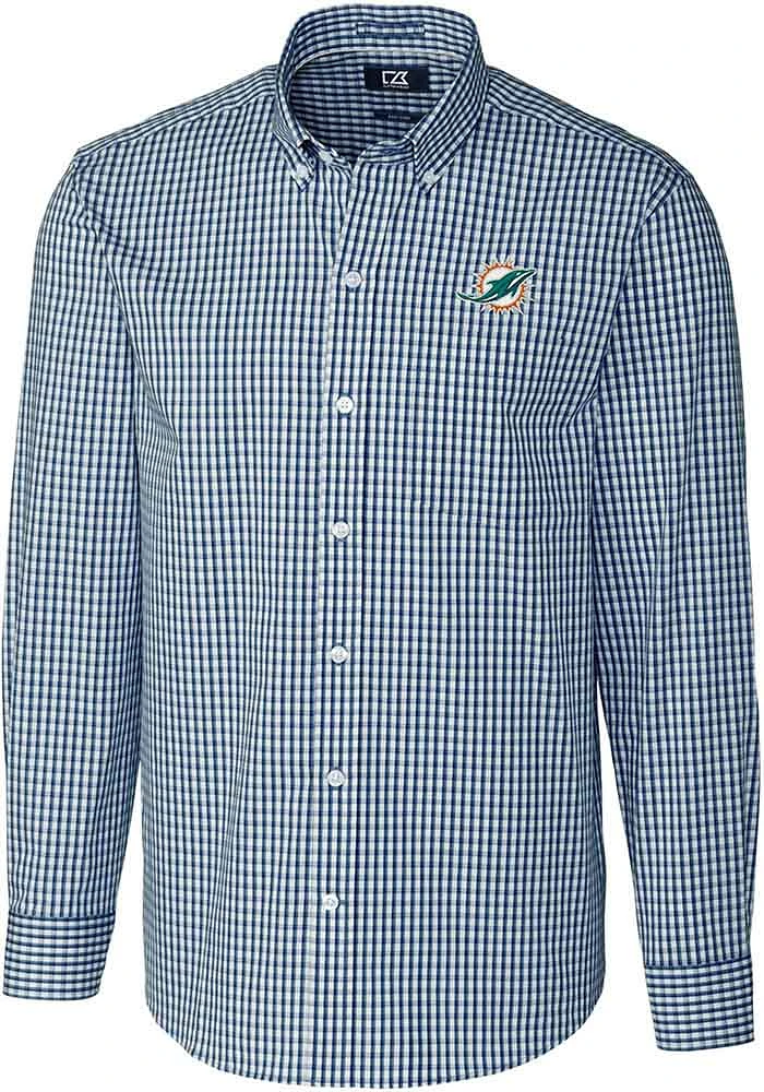 Cutter and Buck Miami Dolphins Mens Navy Blue Easy Care Long Sleeve Dress Shirt