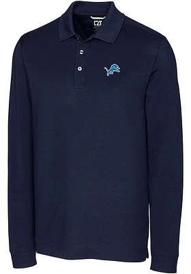 Cutter and Buck Detroit Lions Mens Navy Blue Advantage Pique Long Sleeve Big Tall Polos Shir..
