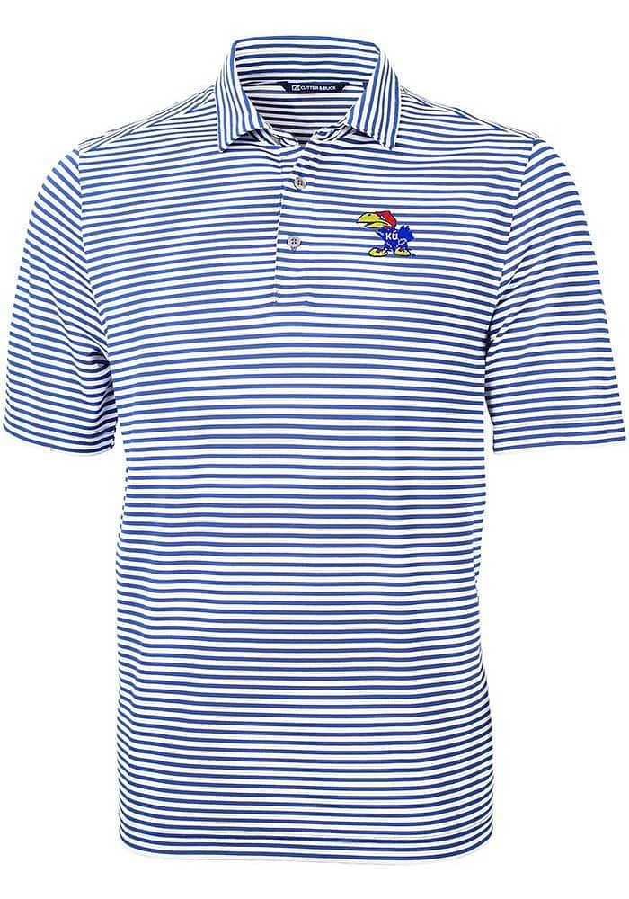 Cutter and Buck Kansas Jayhawks Mens Virtue Eco Pique Stripe Short Sleeve Polo