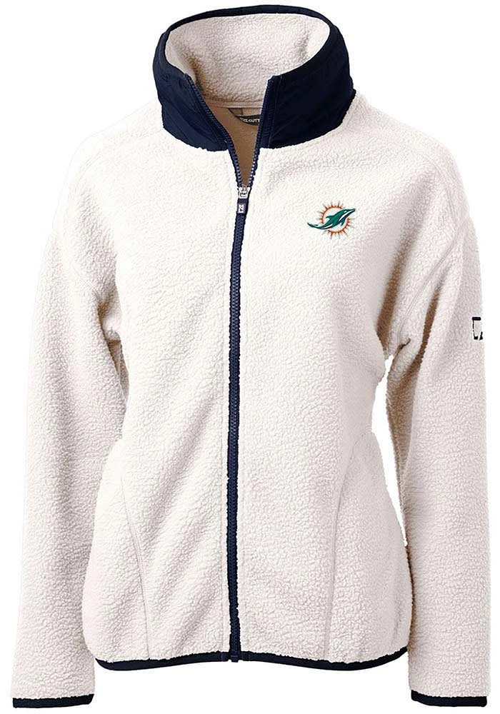 Cutter and Buck Miami Dolphins Womens White Cascade Sherpa Long Sleeve Full Zip Jacket