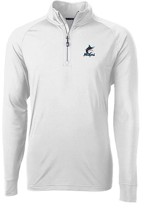 Cutter and Buck Miami Marlins Mens White Adapt Eco Knit Long Sleeve Qtr Zip Pullover