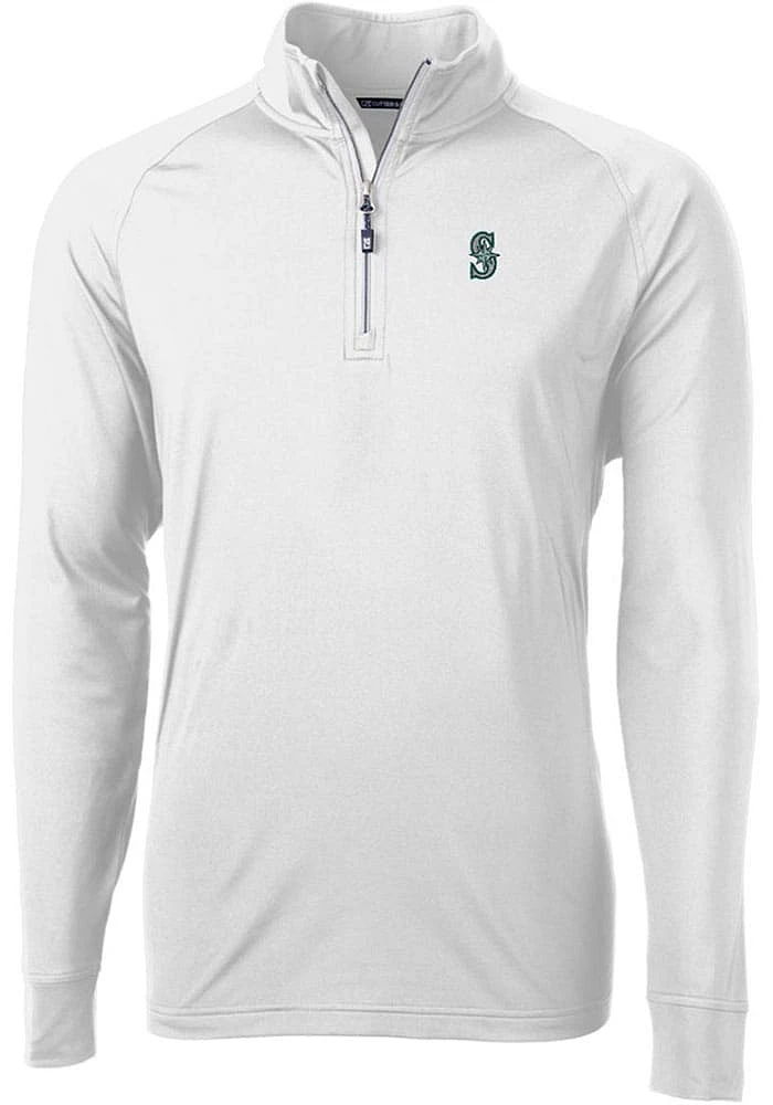Cutter and Buck Seattle Mariners Mens White Adapt Eco Knit Long Sleeve Qtr Zip Pullover