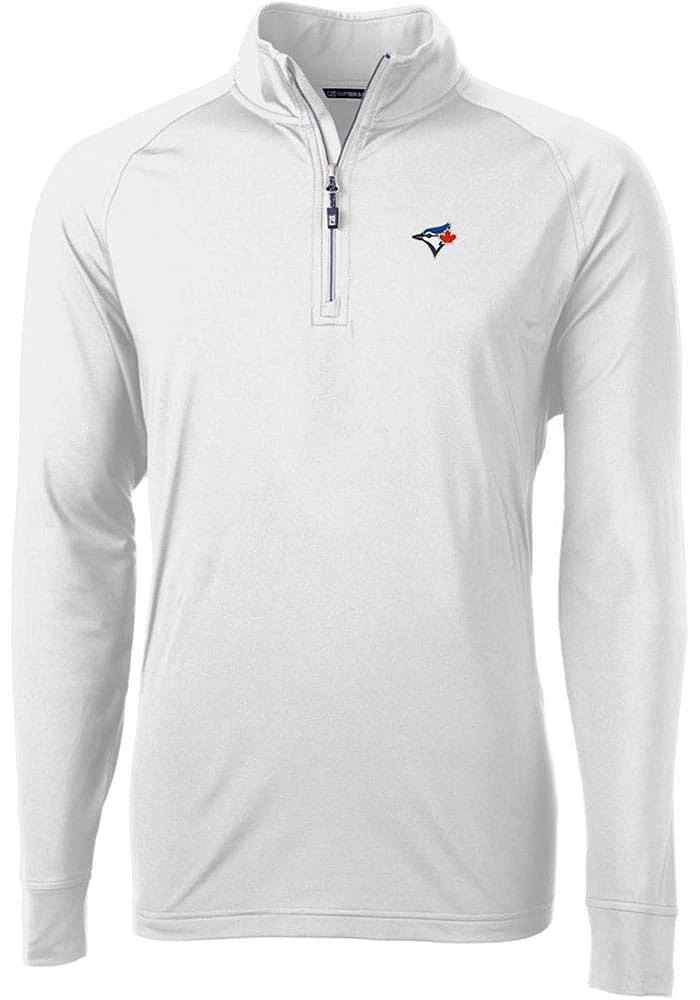 Cutter and Buck Toronto Blue Jays Mens White Adapt Eco Knit Long Sleeve Qtr Zip Pullover