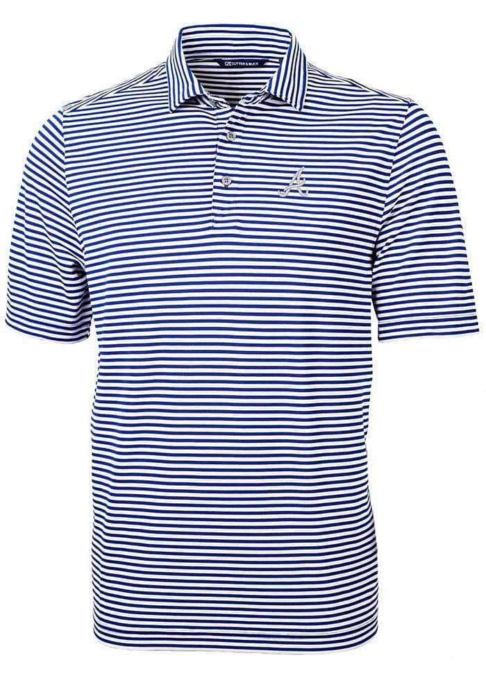 Cutter and Buck Atlanta Braves Mens Blue Virtue Eco Pique Stripe Short Sleeve Polo