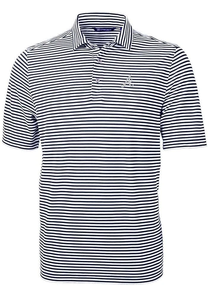 Cutter and Buck Atlanta Braves Mens Navy Blue Virtue Eco Pique Stripe Short Sleeve Polo