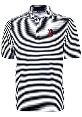 Cutter and Buck Boston Red Sox Mens Navy Blue Virtue Eco Pique Stripe Short Sleeve Polo