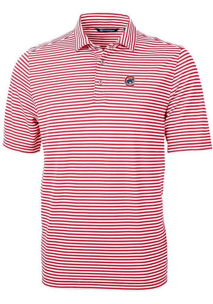 Cutter and Buck Chicago Cubs Mens Red Virtue Eco Pique Stripe Short Sleeve Polo