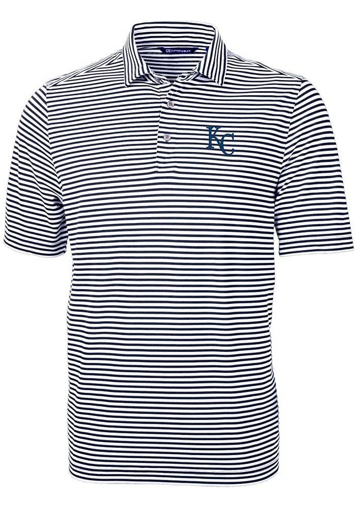 Cutter and Buck Kansas City Royals Mens Navy Blue Virtue Eco Pique Stripe Short Sleeve Polo