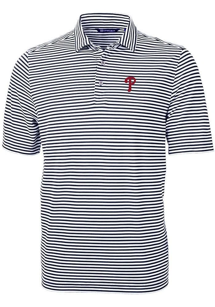 Cutter and Buck Philadelphia Phillies Mens Navy Blue Virtue Eco Pique Stripe Short Sleeve Polo