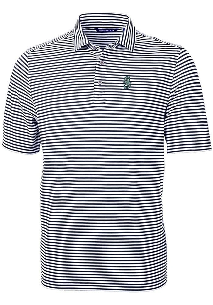 Cutter and Buck Seattle Mariners Mens Navy Blue Virtue Eco Pique Stripe Short Sleeve Polo