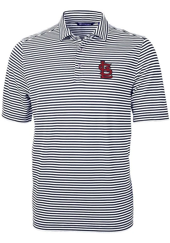 Cutter and Buck St Louis Cardinals Mens Navy Blue STL Logo Virtue Eco Pique Stripe Short Sleeve Po..