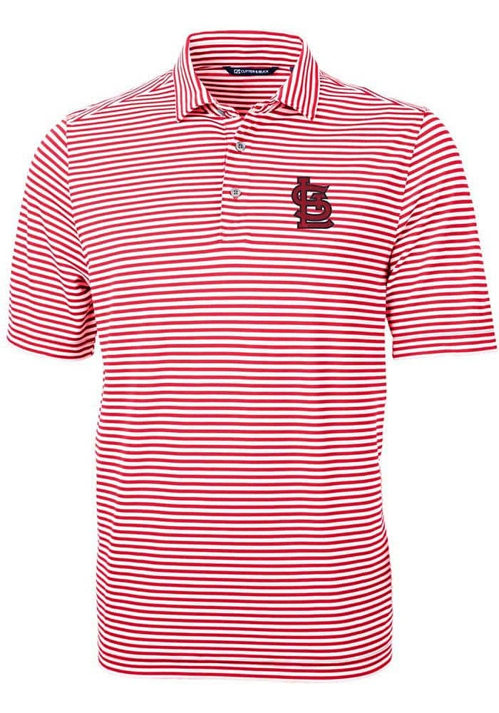Cutter and Buck St Louis Cardinals Mens Red STL Logo Virtue Eco Pique Stripe Short Sleeve Polo