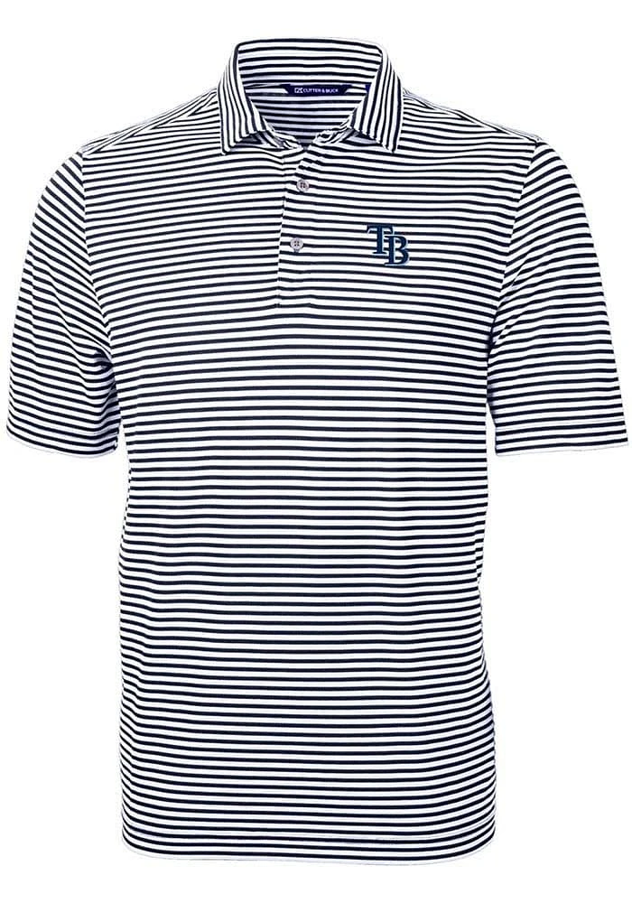 Cutter and Buck Tampa Bay Rays Mens Navy Blue Virtue Eco Pique Stripe Short Sleeve Polo