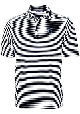 Cutter and Buck Tampa Bay Rays Mens Navy Blue Virtue Eco Pique Stripe Short Sleeve Polo