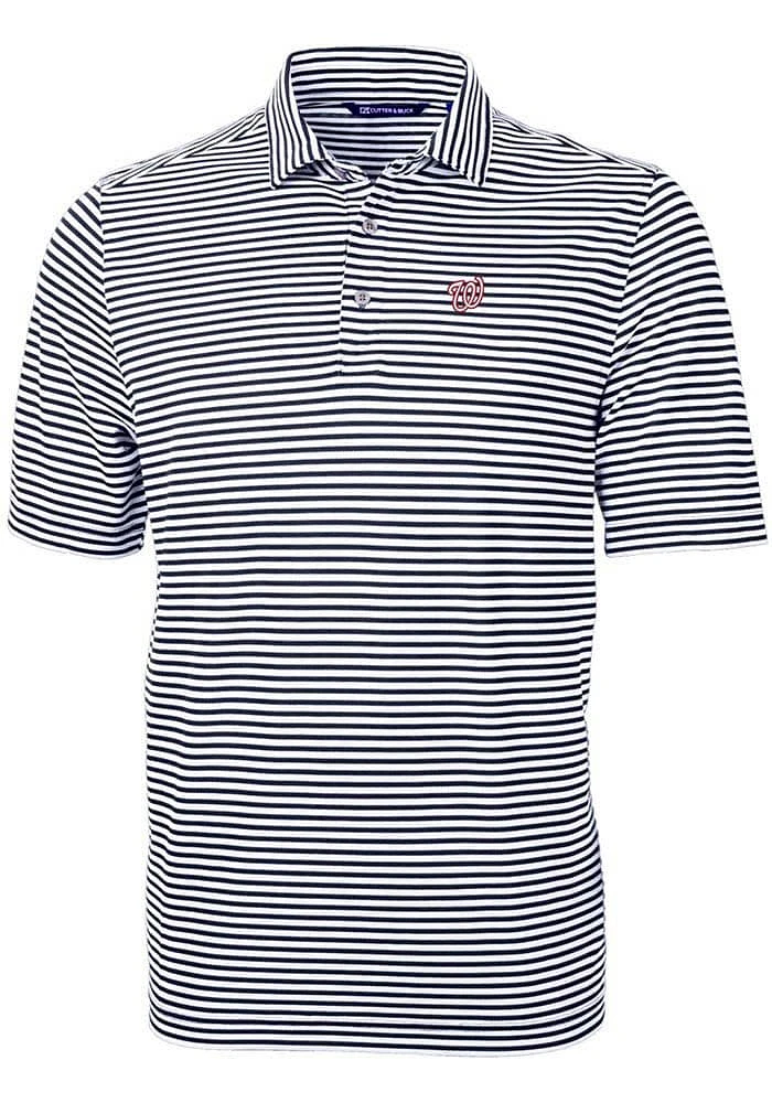 Cutter and Buck Washington Nationals Mens Navy Blue Virtue Eco Pique Stripe Short Sleeve Polo
