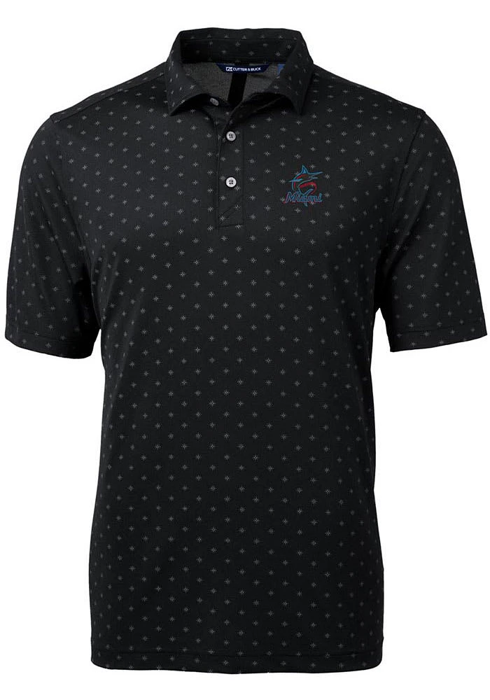 Cutter and Buck Miami Marlins Mens Black Virtue Eco Pique Tile Short Sleeve Polo