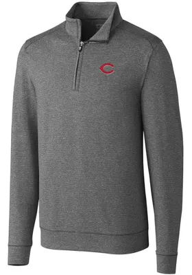 Cutter and Buck Cincinnati Reds Mens Charcoal Shoreline Heathered Long Sleeve Qtr Zip Pullover