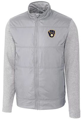 Cutter and Buck Milwaukee Brewers Mens Grey Stealth Hybrid Quilted Medium Weight Jacket