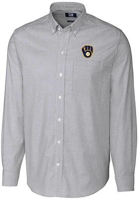 Cutter and Buck Milwaukee Brewers Mens Charcoal Stretch Oxford Stripe Long Sleeve Dress Shirt