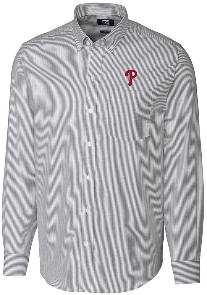Cutter and Buck Philadelphia Phillies Mens Charcoal Stretch Oxford Stripe Long Sleeve Dress Shirt