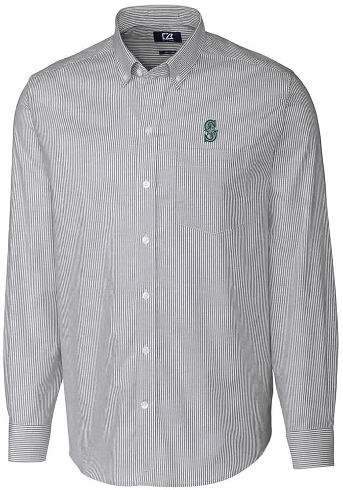 Cutter and Buck Seattle Mariners Mens Charcoal Stretch Oxford Stripe Long Sleeve Dress Shirt