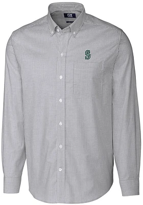 Cutter and Buck Seattle Mariners Mens Charcoal Stretch Oxford Stripe Long Sleeve Dress Shirt