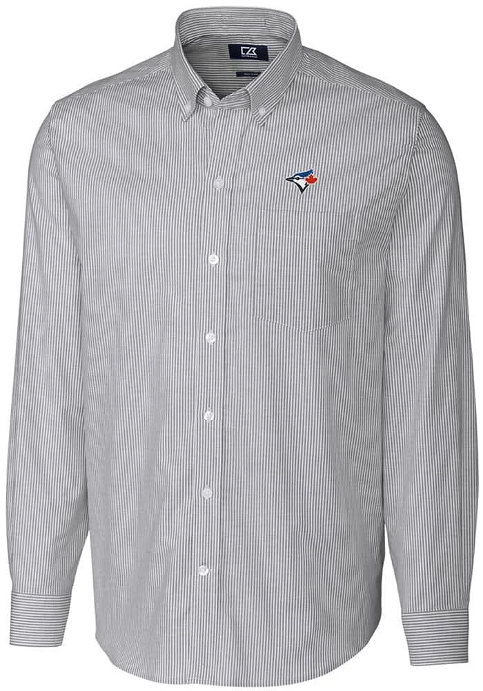 Cutter and Buck Toronto Blue Jays Mens Charcoal Stretch Oxford Stripe Long Sleeve Dress Shirt