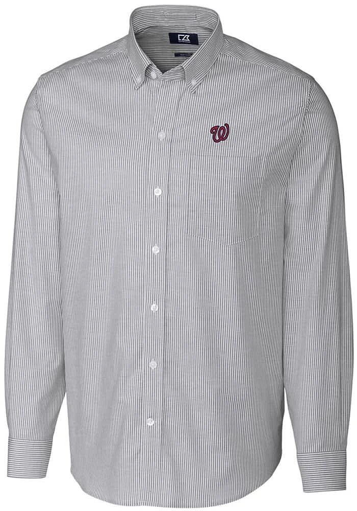Cutter and Buck Washington Nationals Mens Charcoal Stretch Oxford Stripe Long Sleeve Dress Shirt