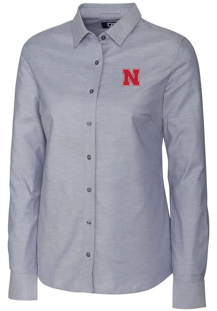 Womens Nebraska Cornhuskers Charcoal Cutter and Buck Stretch Oxford Long Sleeve Dress Shirt