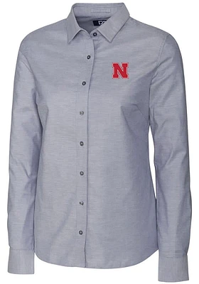 Womens Nebraska Cornhuskers Charcoal Cutter and Buck Stretch Oxford Long Sleeve Dress Shirt