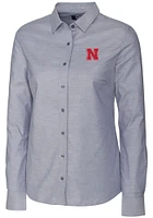 Womens Nebraska Cornhuskers Charcoal Cutter and Buck Stretch Oxford Long Sleeve Dress Shirt