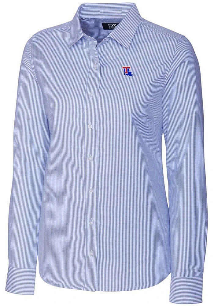 Cutter and Buck Louisiana Tech Bulldogs Womens Stretch Oxford Stripe Long Sleeve Blue Dress Shir..