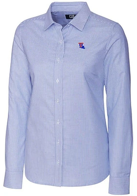 Cutter and Buck Louisiana Tech Bulldogs Womens Stretch Oxford Stripe Long Sleeve Blue Dress Shir..