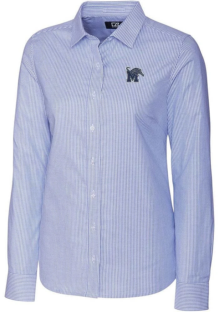 Cutter and Buck Memphis Tigers Womens Stretch Oxford Stripe Long Sleeve Blue Dress Shirt