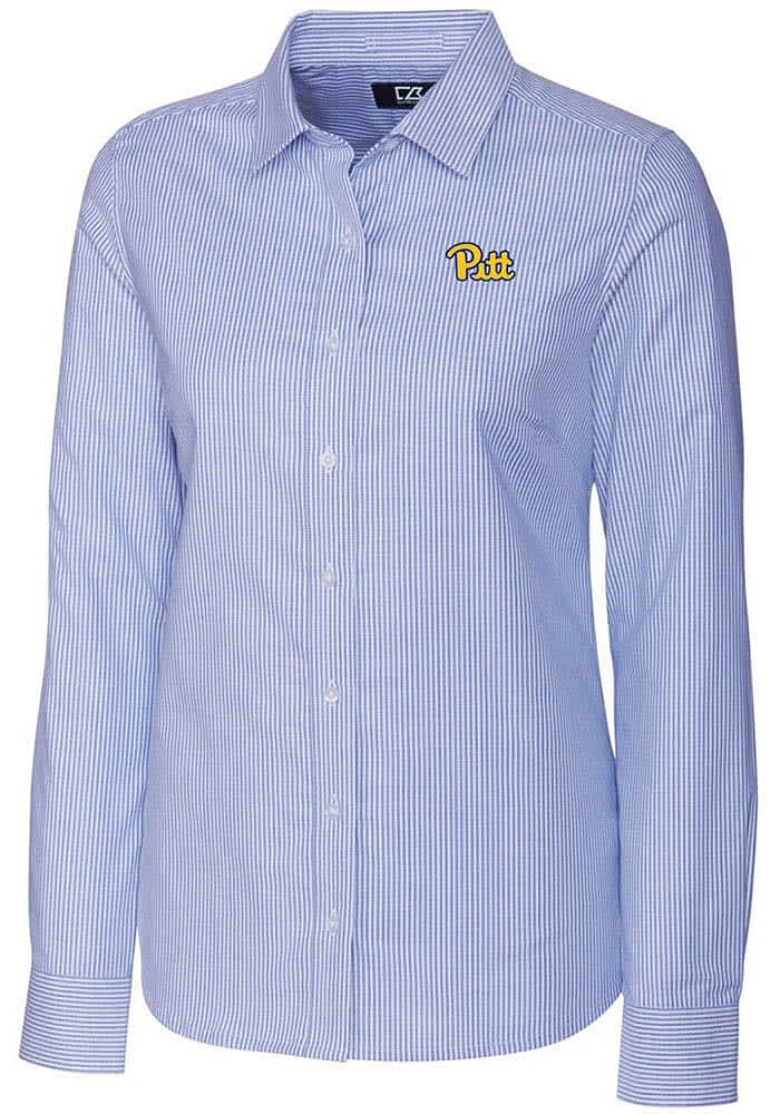 Womens Pitt Panthers Blue Cutter and Buck Stretch Oxford Stripe Long Sleeve Dress Shirt