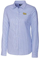 Womens Pitt Panthers Blue Cutter and Buck Stretch Oxford Stripe Long Sleeve Dress Shirt
