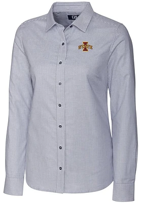 Cutter and Buck Iowa State Cyclones Womens Stretch Oxford Stripe Long Sleeve Charcoal Dress Shirt