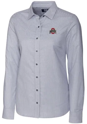 Womens Ohio State Buckeyes Charcoal Cutter and Buck Stretch Oxford Stripe Long Sleeve Dress Shir..